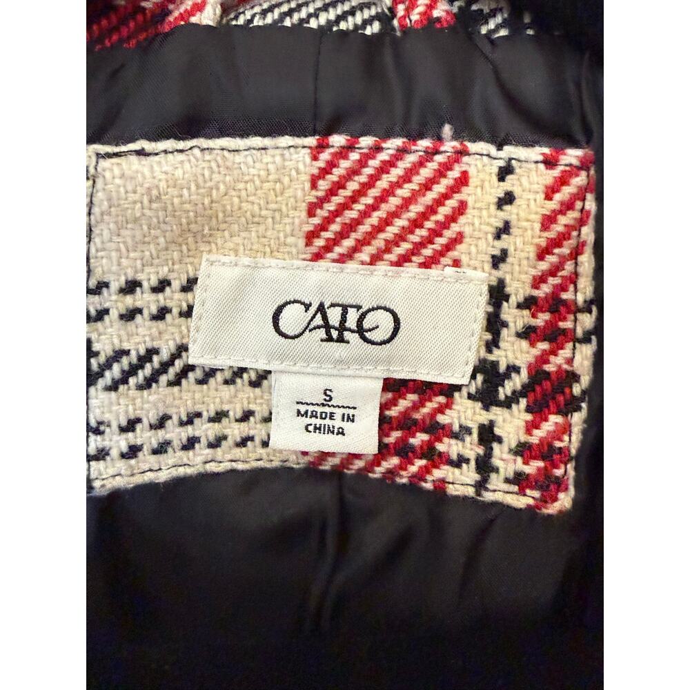 Plaid Moto Jacket Red Black Cream Belted Wool Blend Cato Small Zip Front Lined - Picture 11 of 12